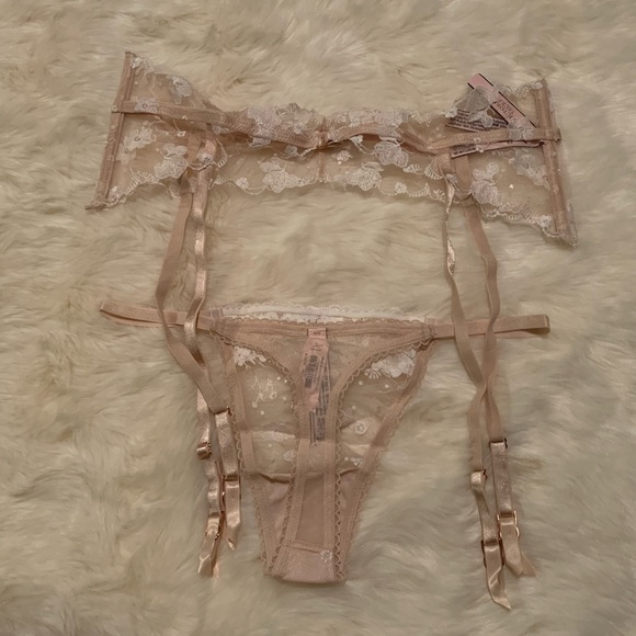 New $94 VICTORIAS SECRET Champagne Ivory Lace PANTY & GARTER BELT Set - Picture 4 of 10